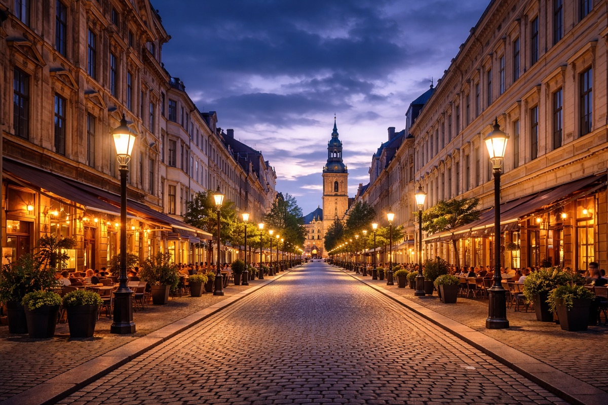Beautifully lit European street at dusk showcasing modern outdoor lighting design